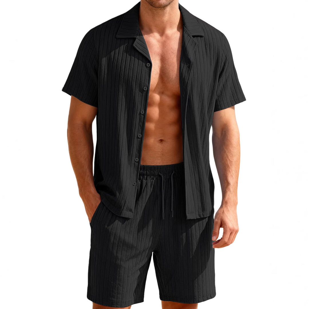 Men's ribbed fine knit lounge set with short sleeve lapel shirt and drawstring shorts Mune Fashion