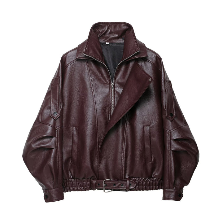Women Oversized Leather Jacket in Bomber Style with Waist Belt Mune Fashion