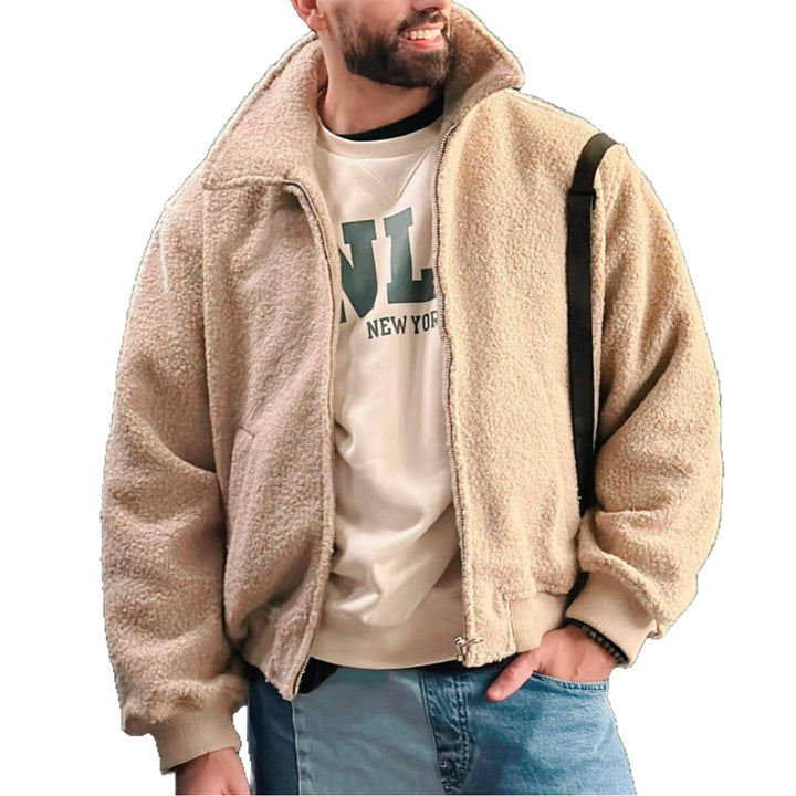 Men's Teddy Fleece Jacket with Zipper, Stand-Up Collar and Ribbed Cuffs Mune Fashion