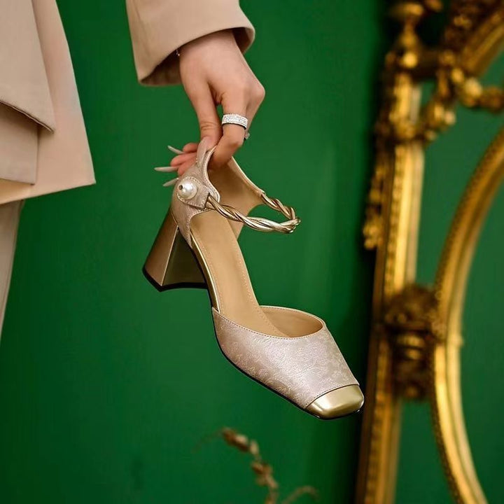 Women's elegant slingback pumps with square toe shape, jacquard upper material and twisted decorative strap Mune Fashion