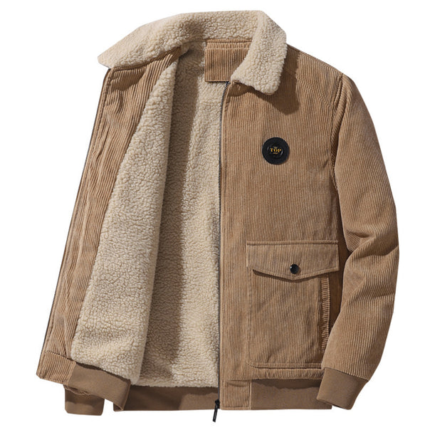 Men's cord jacket in bomber style with teddy collar, flap pockets, and ribbed hem.