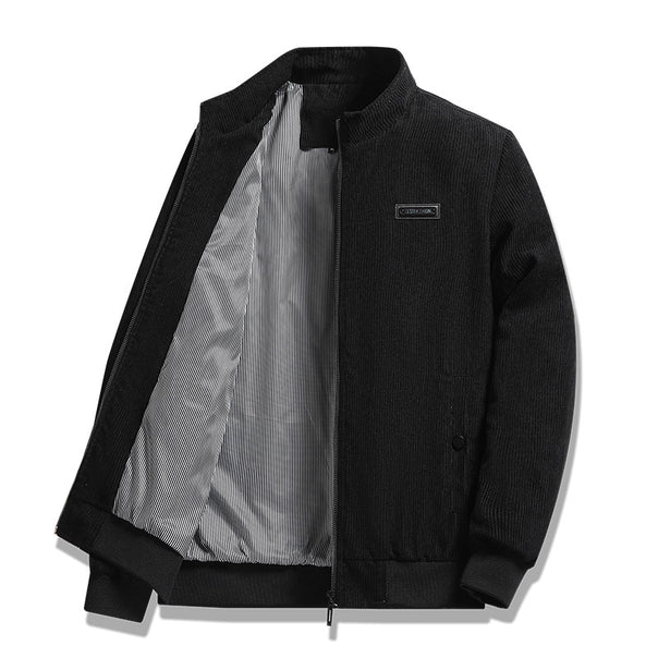 Men's fine corduroy jacket with stand-up collar, striped lining, and concealed snap pockets.