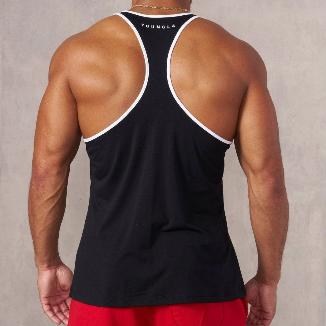 Men's nan athletic Stringer tank top backless cut with contrast piping and strength sports motif Mune Fashion