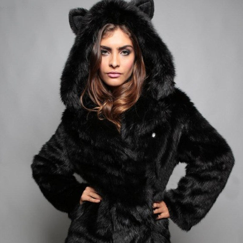 Women's Short Hooded Jacket made of vegan high-pile synthetic fur with cat ears and tailored silhouette Mune Fashion