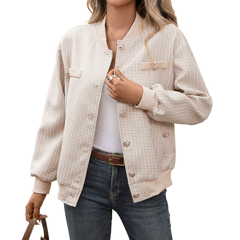 Women's tweed bomber jacket with ribbed cuffs, decorative piping, and decorative buttons Mune Fashion