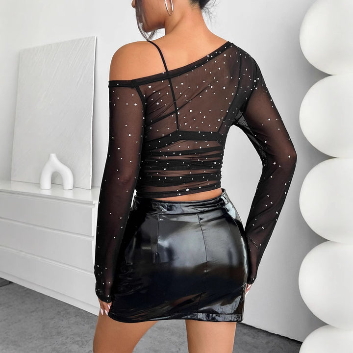 Women's nan asymmetrical mesh crop top with integrated bustier, ruching and rhinestone embellishment Mune Fashion