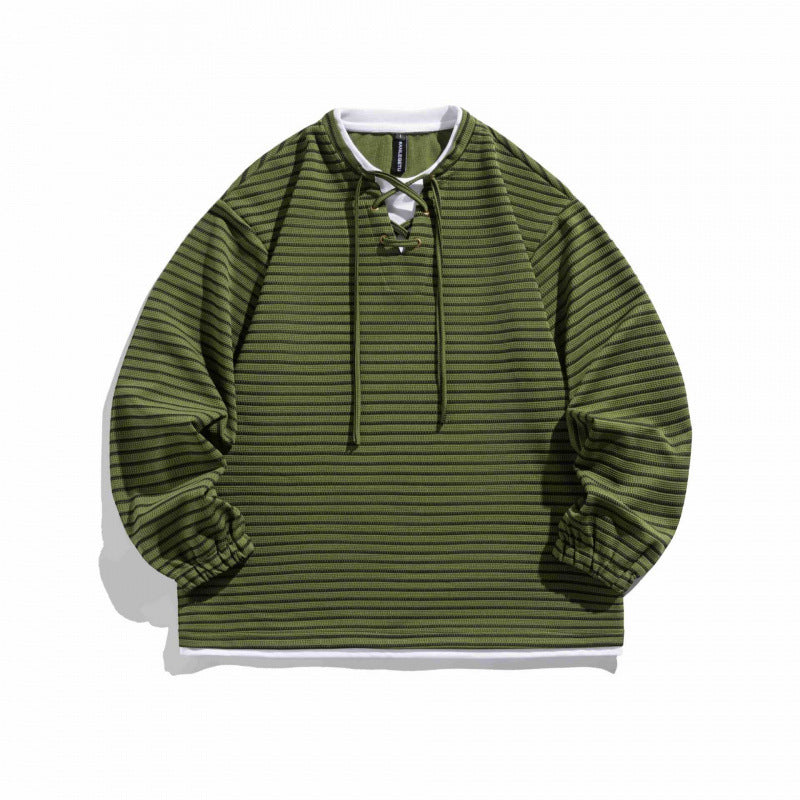 Unisex Striped Oversized Sweater with Lace Collar and Textured Knit Mune Fashion