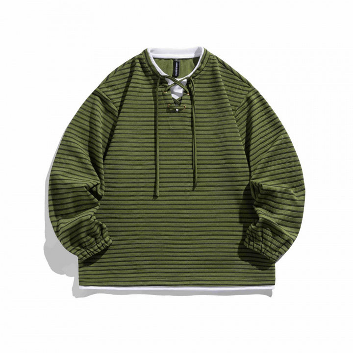 Unisex Striped Oversized Sweater with Lace Collar and Textured Knit Mune Fashion