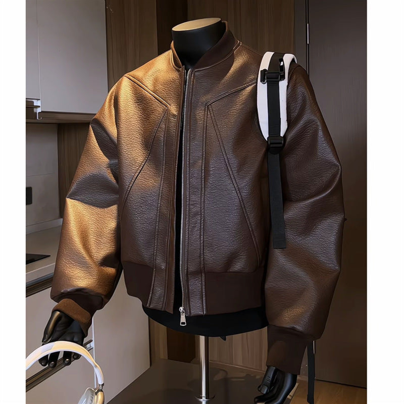 Men's tailored bomber jacket made of structured artificial leather look with stand-up collar and zipper Mune Fashion