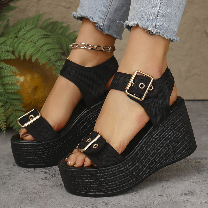 Ladies' espadrille platform sandals with textile straps, large metal buckles, and padded comfort footbed Mune Fashion