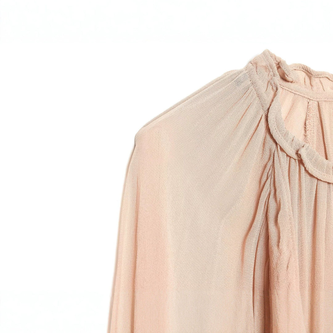 Ladies Ruched Pleated Chiffon Blouse with Stand Collar and Balloon Sleeves Drune