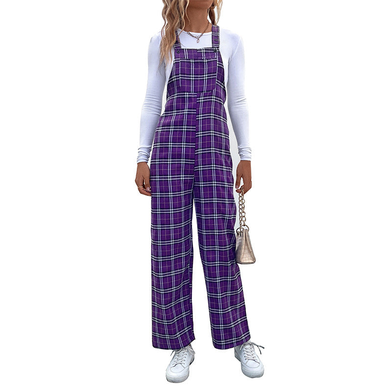 Women's Casual Checkered Jumpsuit with Wide Leg and Adjustable Straps Mune Fashion