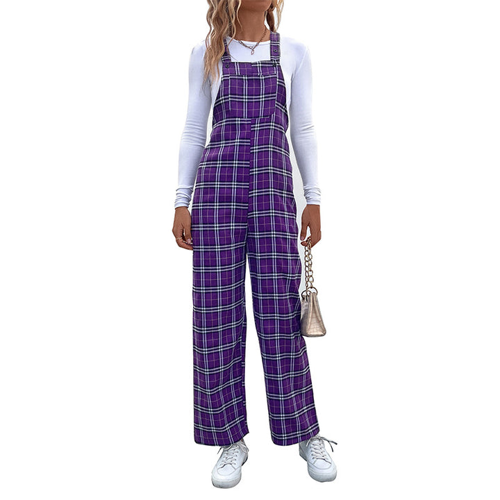 Women's Casual Checkered Jumpsuit with Wide Leg and Adjustable Straps Mune Fashion