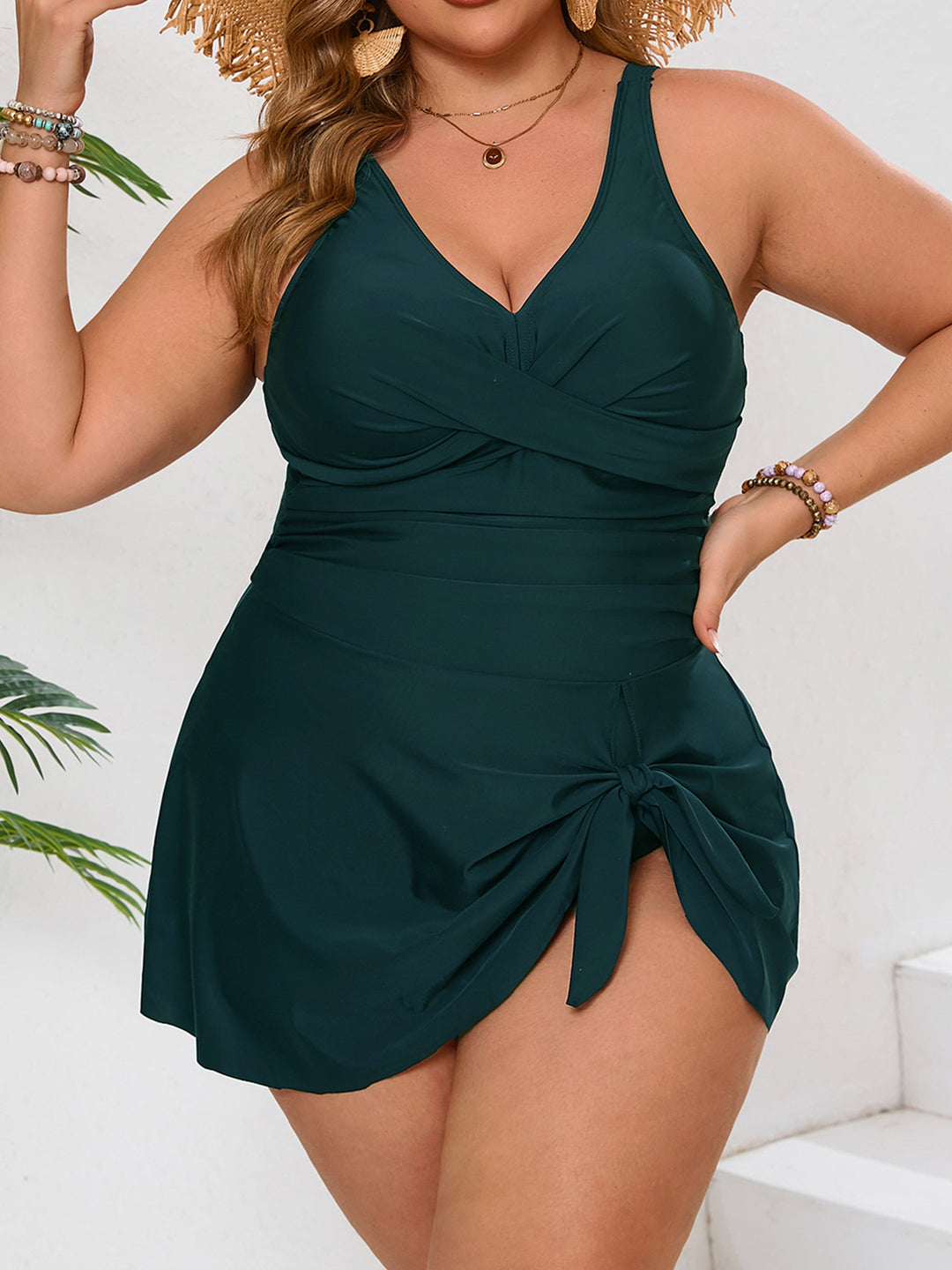 Women Wrap Swimsuit with V-neck and Side Knot Mune Fashion