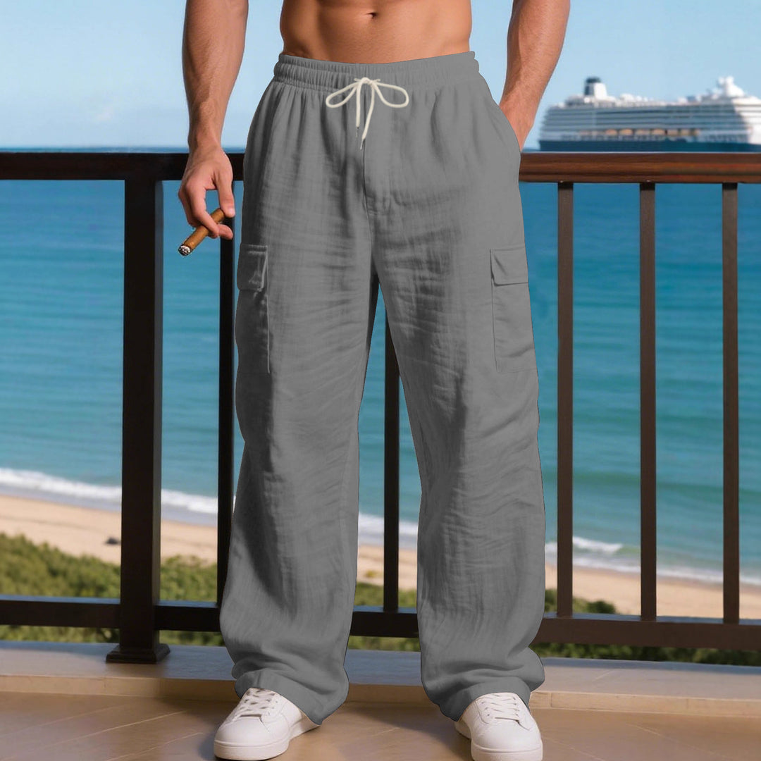 Men's Loose Linen Cargo Casual Pants with Drawstring Waist and Side Patch Pockets Mune Fashion