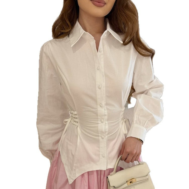 Women tailored cotton blouse with side lacing and balloon sleeves Mune Fashion