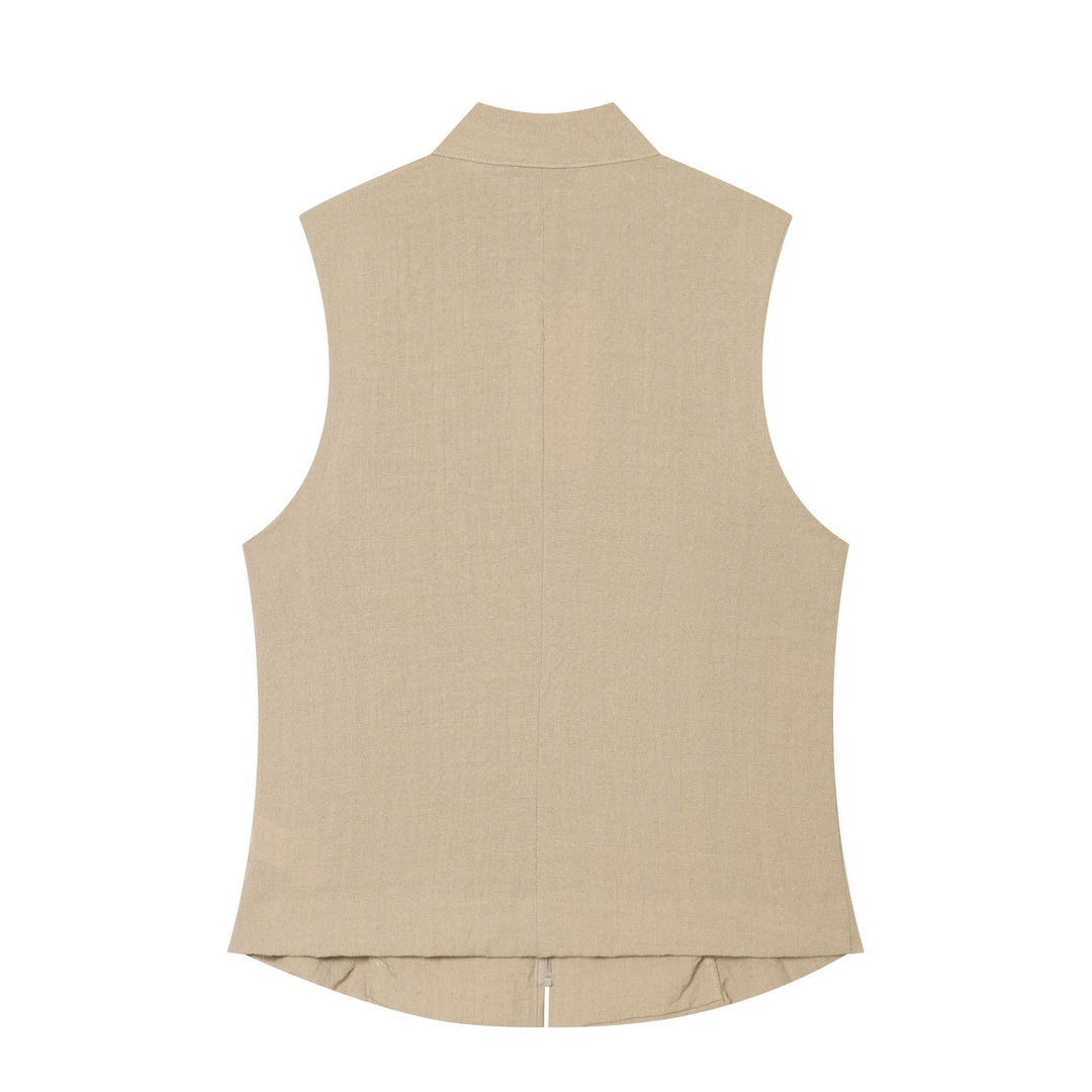 Women's fitted sleeveless military vest with stand-up collar and decorative button placket Mune Fashion