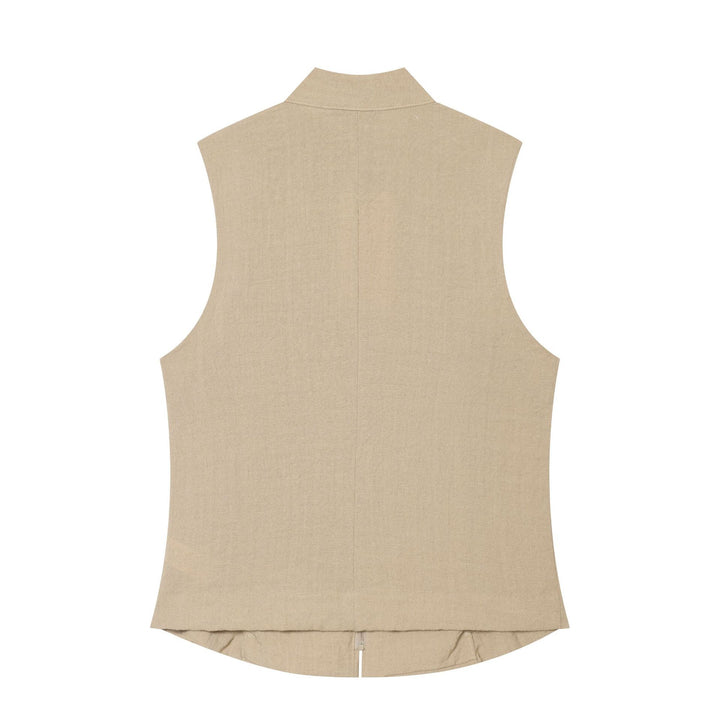 Women's fitted sleeveless military vest with stand-up collar and decorative button placket Mune Fashion