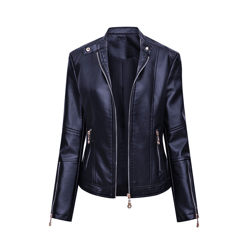 Ladies' Fitted Faux Leather Biker Jacket with Stand-up Collar, Tailored Seams, and Zipper Pockets Mune Fashion