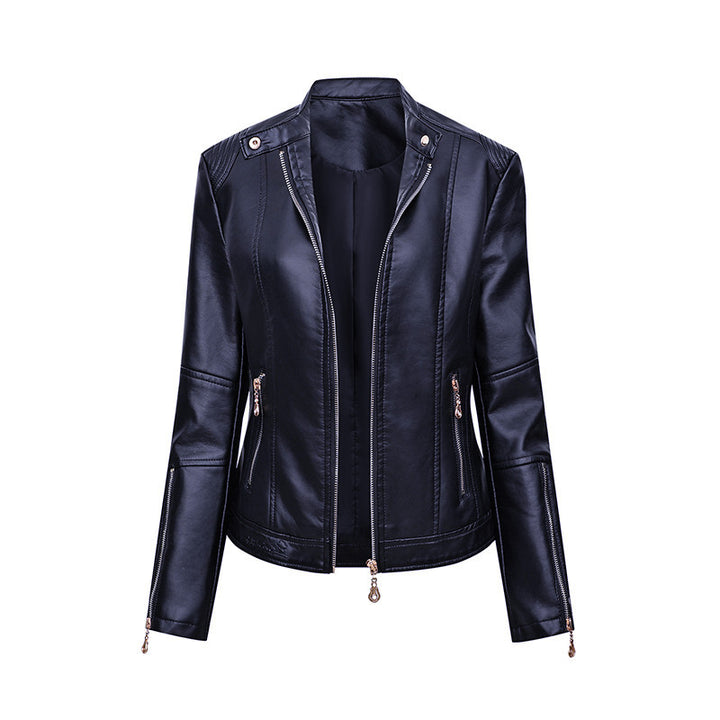 Ladies' Fitted Faux Leather Biker Jacket with Stand-up Collar, Tailored Seams, and Zipper Pockets Mune Fashion