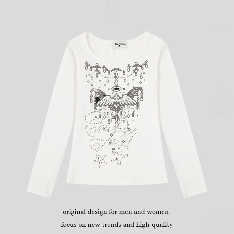 Women's long-sleeve shirt with round neckline, rhinestone print and angel motif Mune Fashion
