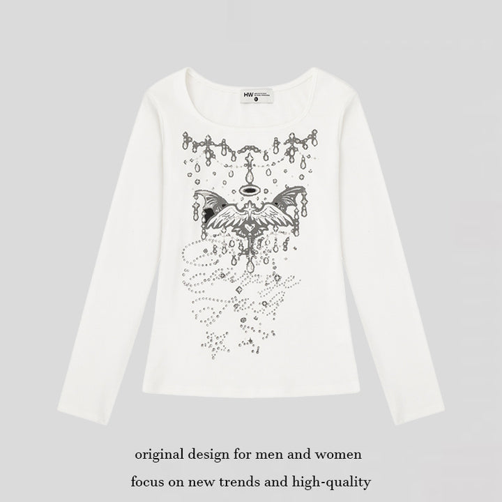 Women's long-sleeve shirt with round neckline, rhinestone print and angel motif Mune Fashion