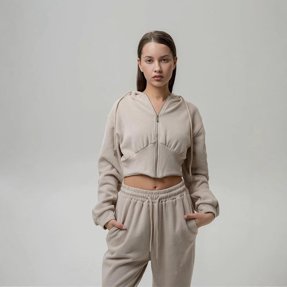 Women's two-piece cropped hoodie set with wide waistband pants cut and fitted zip Mune Fashion