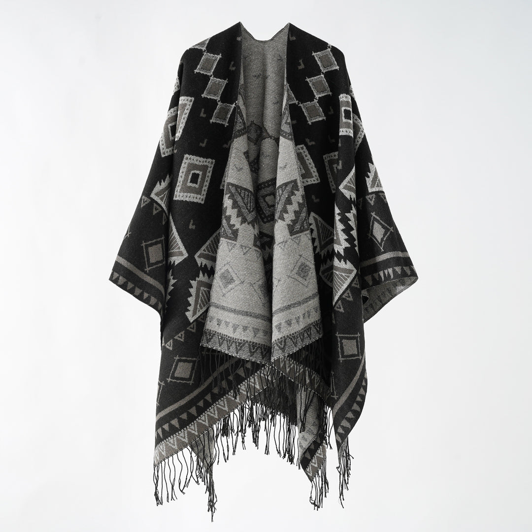 Women's jacquard wrap ruana in ethnic design with fringes and open fall Mune Fashion