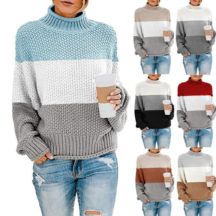 Women's chunky knit turtleneck sweater with oversized cut and block stripe design Mune Fashion