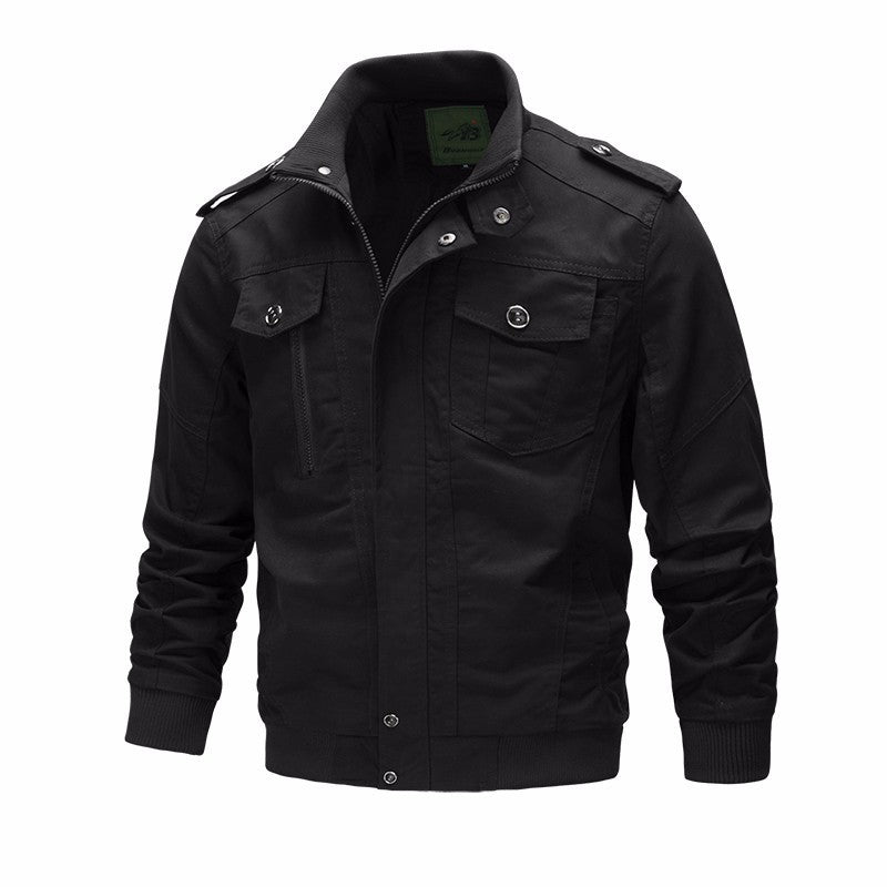 Men's lightweight cotton canvas flight jacket with shoulder epaulettes, concealed zipper, and multifunctional pockets.