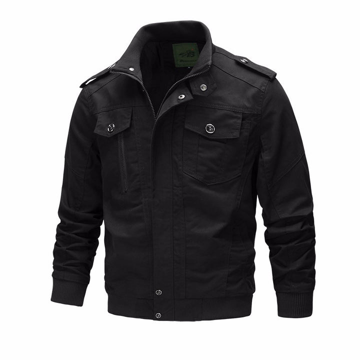 Men's lightweight cotton canvas flight jacket with shoulder epaulettes, concealed zipper, and multifunctional pockets.