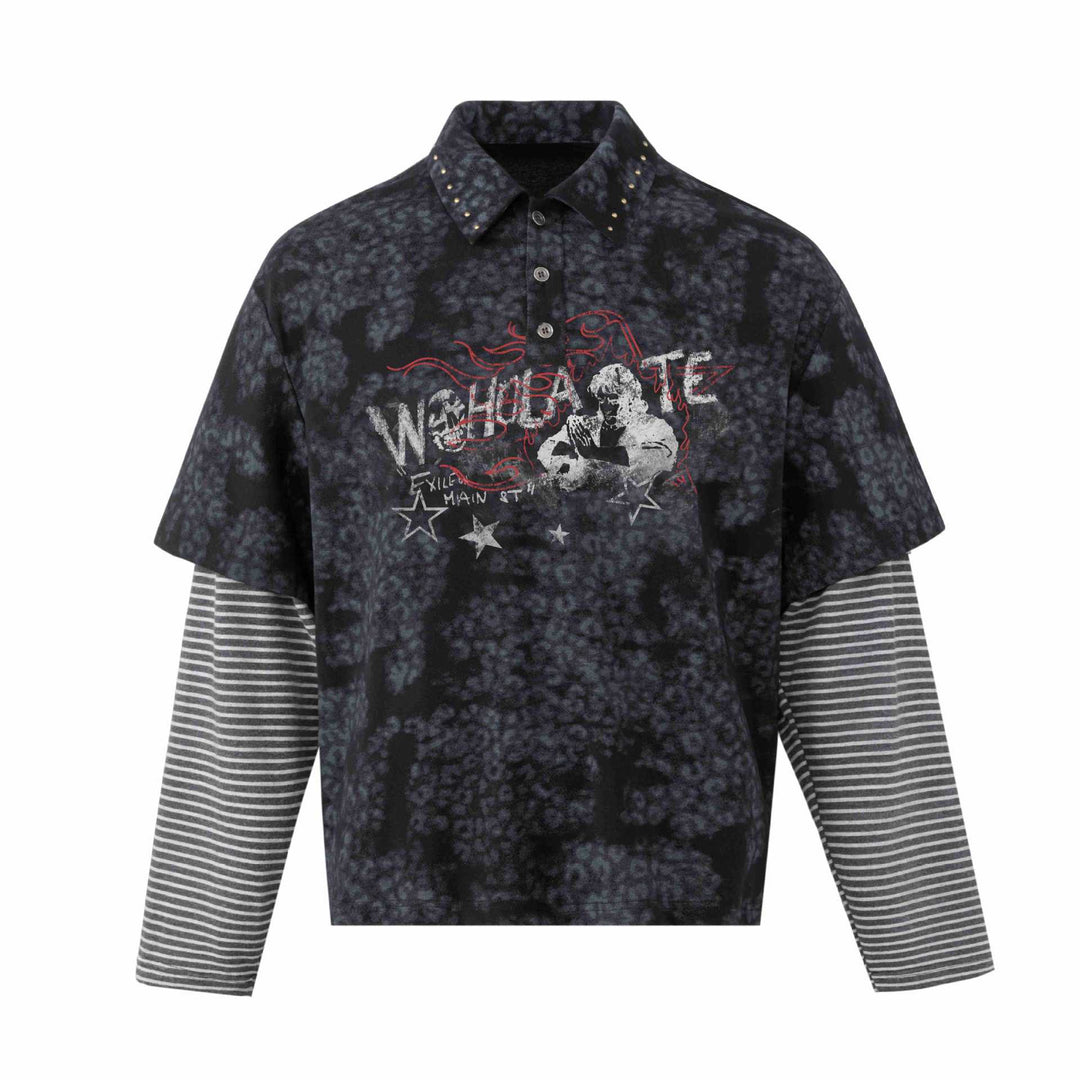 Men's layered look polo with studded collar and striped insert sleeves Mune Fashion