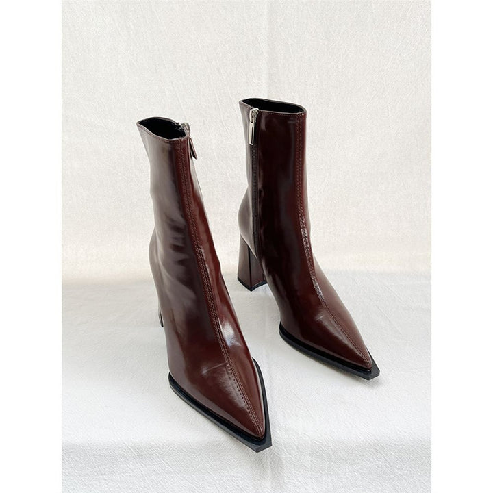 Women's Elegant Pointed Ankle Boots with Geometric Block Heel and Slim Shaft Cut Mune Fashion