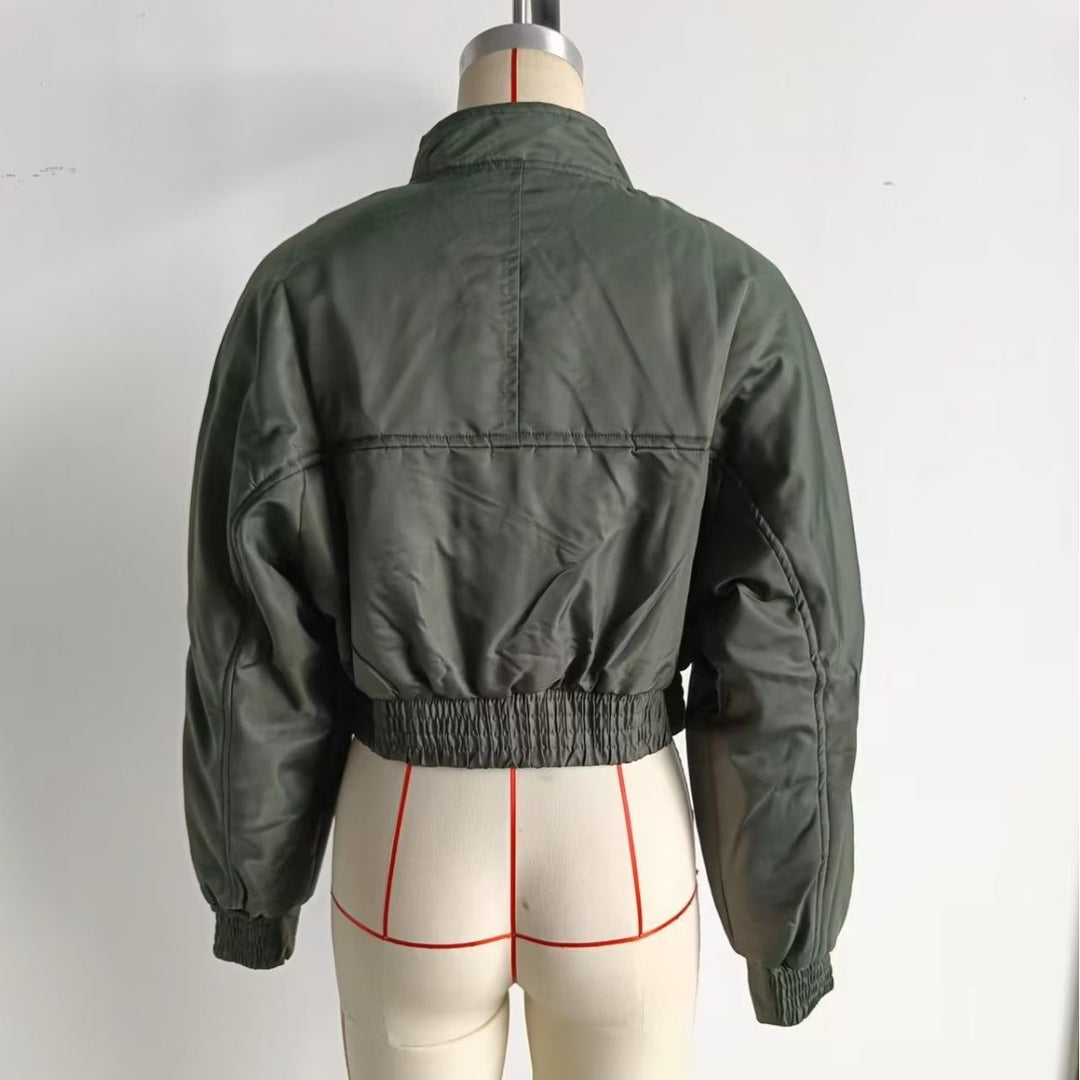Ladies nan cropped bomber jacket with stand-up collar, padded interior and applied flap pockets Mune Fashion