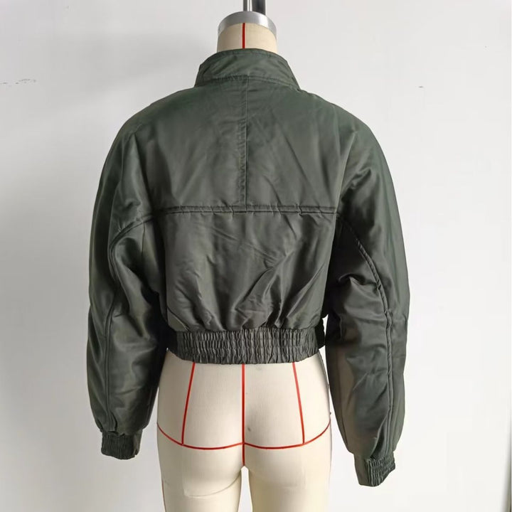 Ladies nan cropped bomber jacket with stand-up collar, padded interior and applied flap pockets Mune Fashion