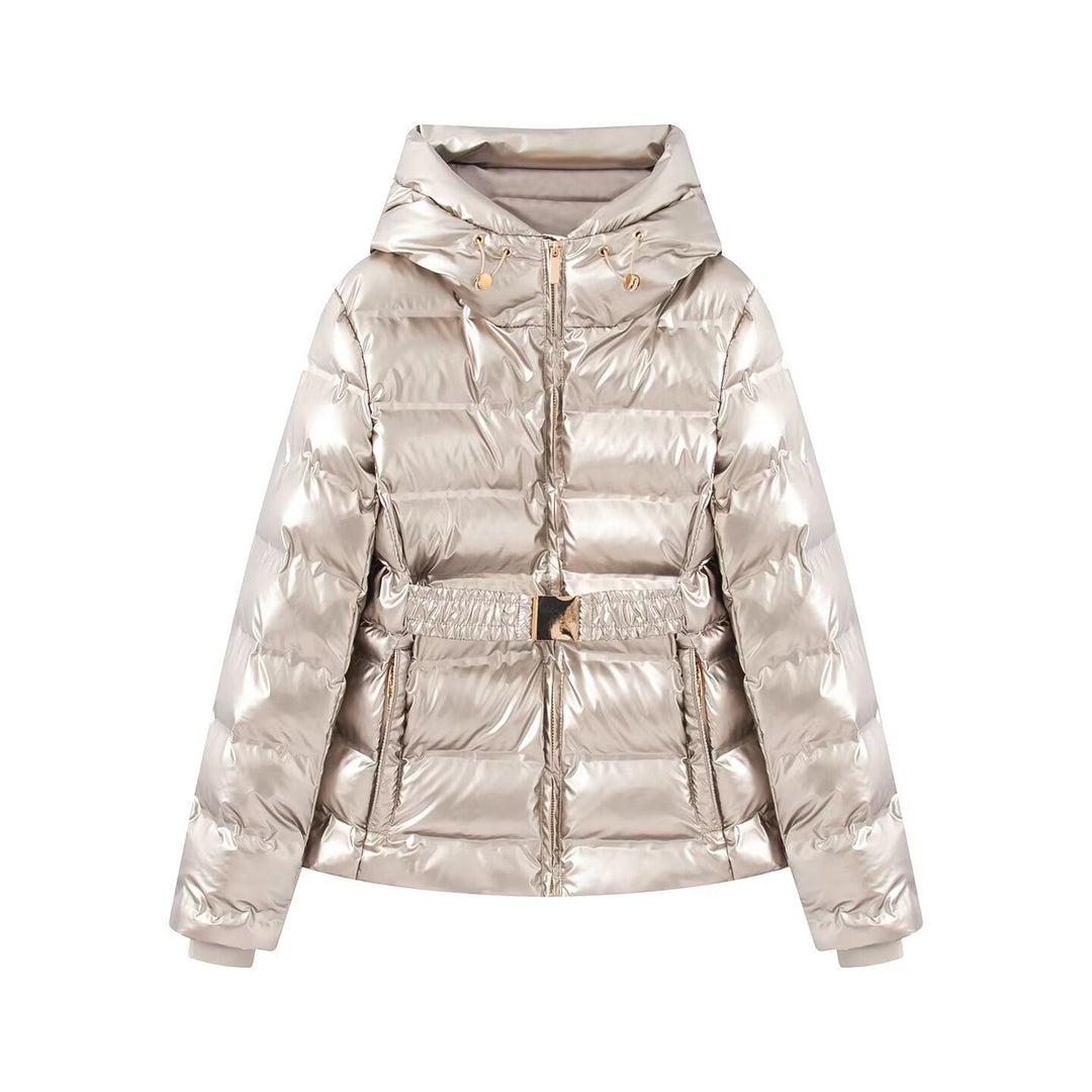 Women's Shiny Down-Look Quilted Jacket with Hood and Tailored Drawstring Belt Mune Fashion