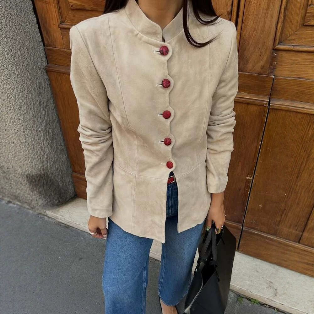 Women's Tailored Suede Blazer with Stand Collar and Decorative Buttons Mune Fashion