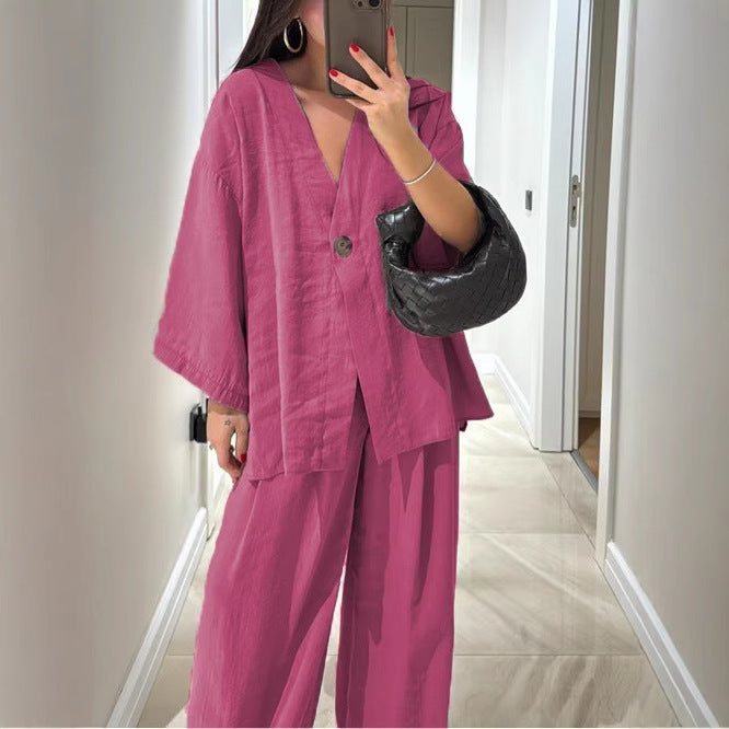 Women nan loose linen look two-piece with kimono blazer and wide palazzo pants Mune Fashion