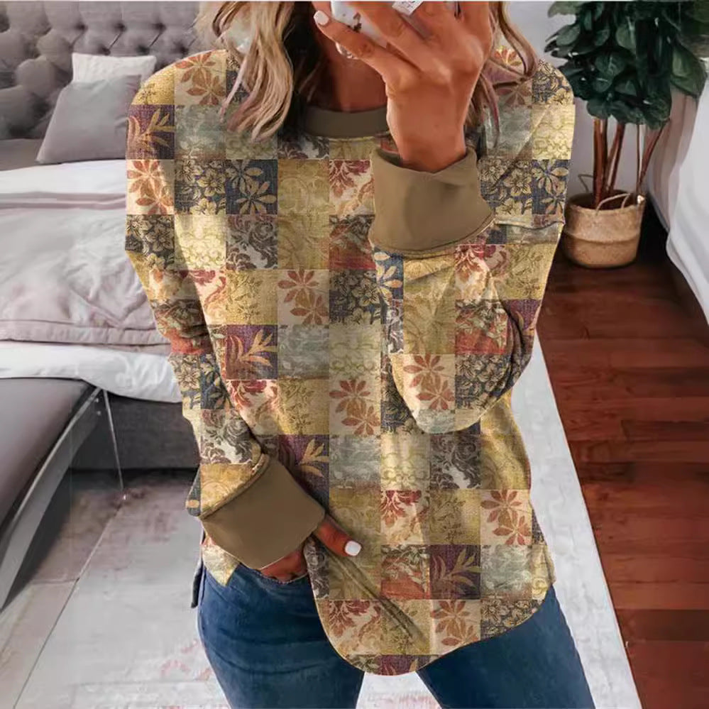 Women's long sleeve shirt in patchwork quilt design with soft round neck and contrasting cuffs Mune Fashion