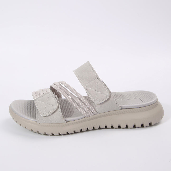 Damen Komfort-Pantolette mit verstellbaren Klettriemen, elastischen Zierbändern und stoßdämpfender Profilsohle Mune Fashion