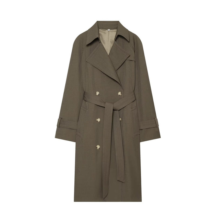 Ladies Longline Double-breasted Trench Coat with Waist Belt, Decorative Seams and Lapel Collar Drune