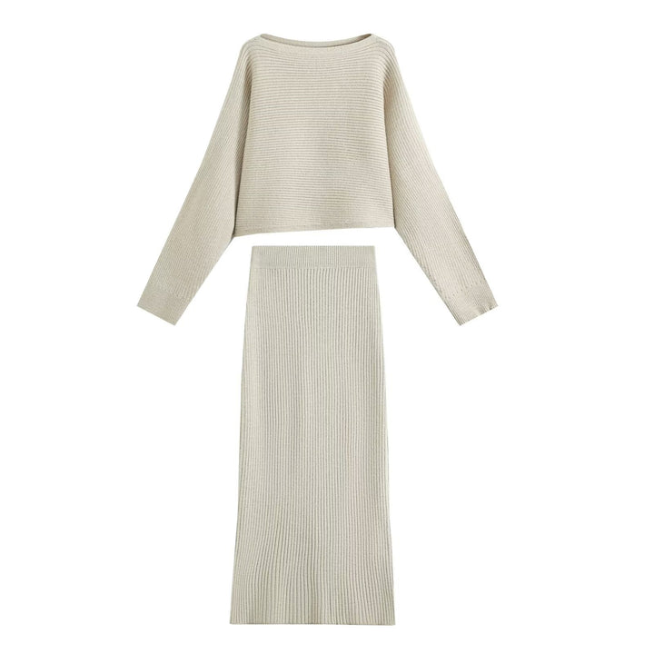 Women's Ribbed Knit Two-Piece Set with Short Bateau Sweater and Fitted Midi Skirt Drune