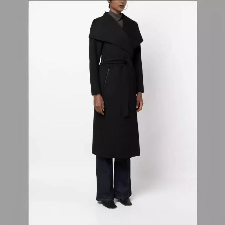 Women Midi-Length Wrap Coat with Oversized Shawl Collar and Concealed Zipper Pockets Mune Fashion