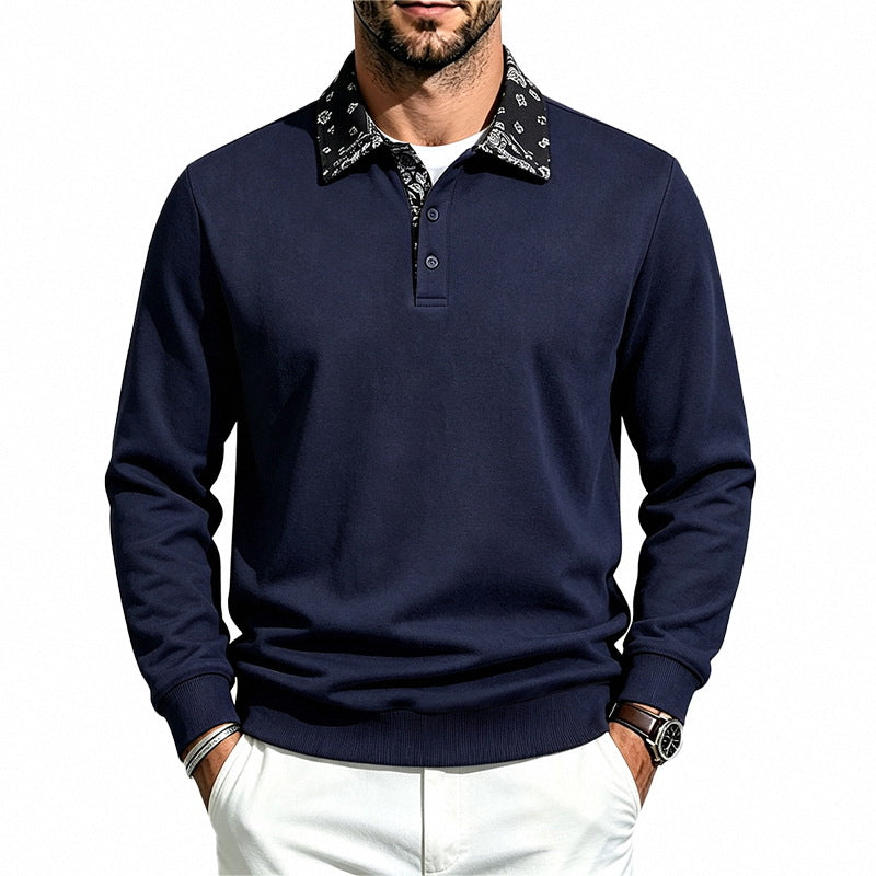 Men's Long Sleeve Polo made from Cotton Blend with Contrasting Shirt Collar Mune Fashion