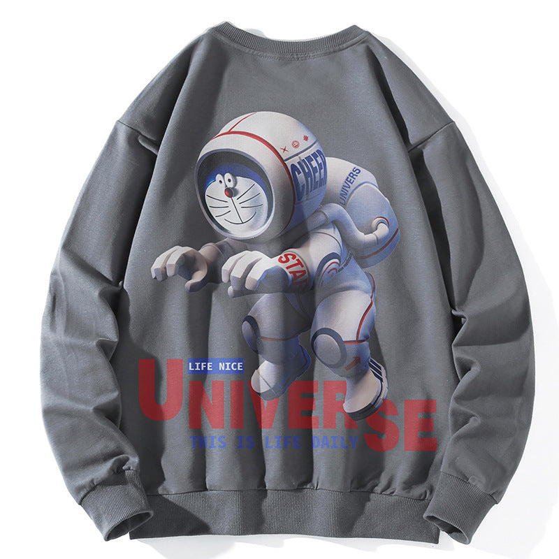 Unisex Oversize Pullover with Cartoon Astronaut Front Print, Round Neck and Ribbed Cuffs Mune Fashion