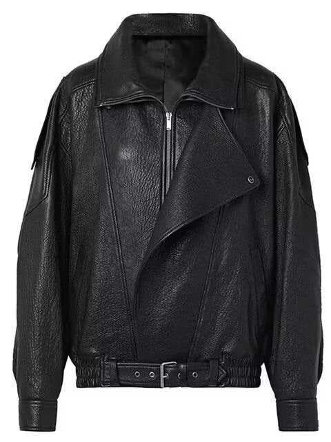Ladies Oversize Faux Leather Biker Jacket with Asymmetrical Zipper, Belt and Elastic Waist Mune Fashion