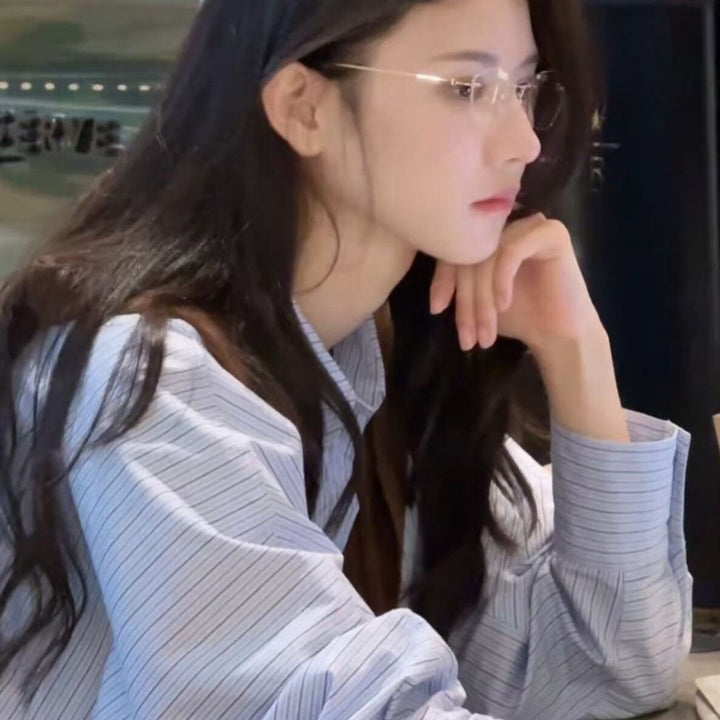 Women Oversized Striped Cotton Shirt Blouse with Rolled-up Sleeves and Shirt Collar Mune Fashion