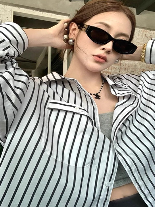 Women Wide Stripe Boxy Shirt with Extended Back Hem and Chest Pocket Mune Fashion