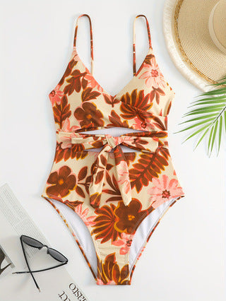 Women Elegant Flower Pattern One-Piece Swimsuit Mune Fashion
