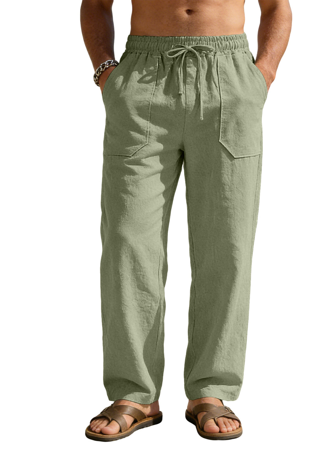 Men's wide Relaxed pants made of linen blend with drawstring waistband and patch leg pockets Mune Fashion